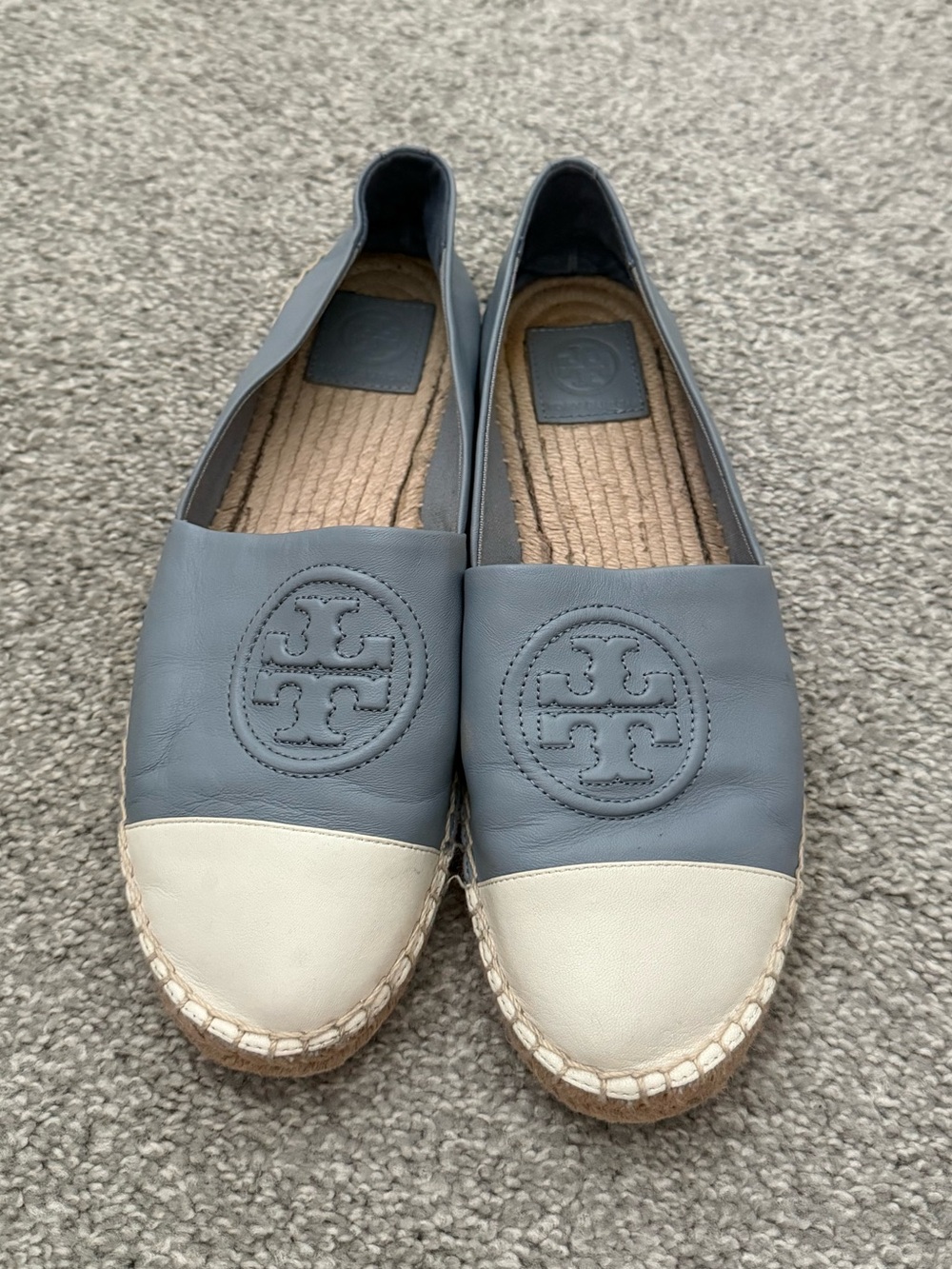 Tory Burch Slate Blue & Cream Leather Espadrille Flats